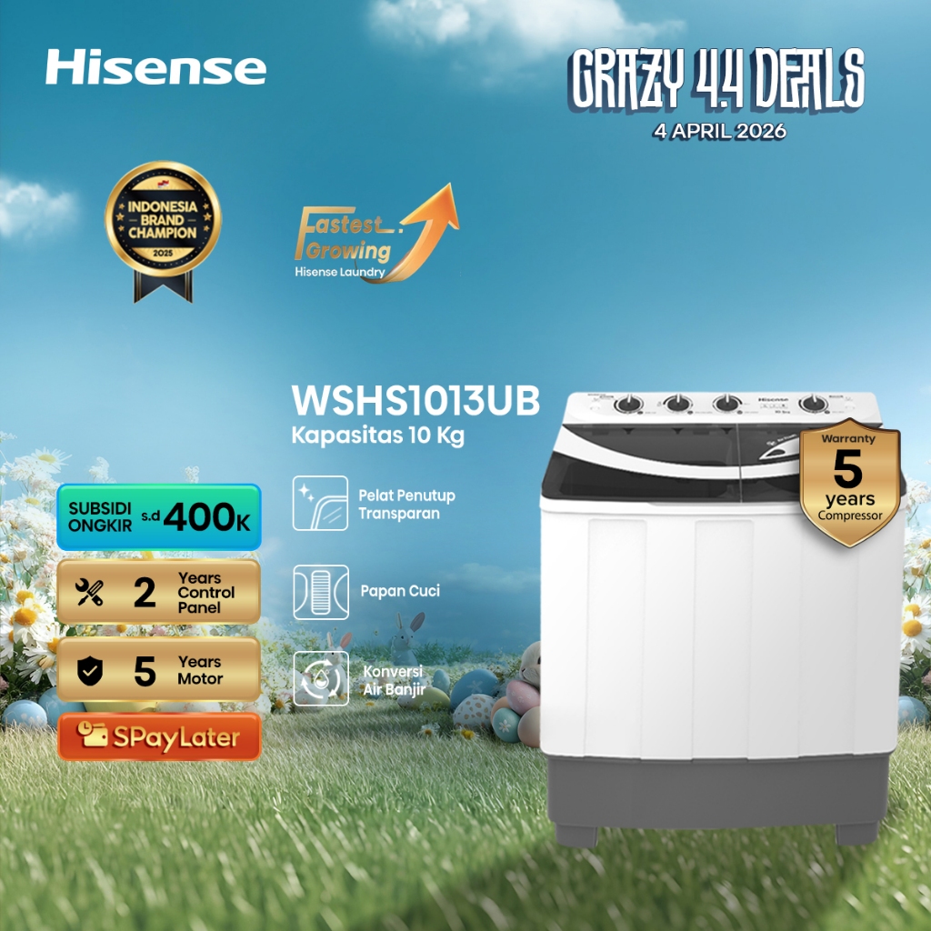 Hisense Mesin Cuci WSHS1013UB Top Loading Twintube Kapasitas 10KG 2 Tabung Bukaan Atas Pelat Penutup