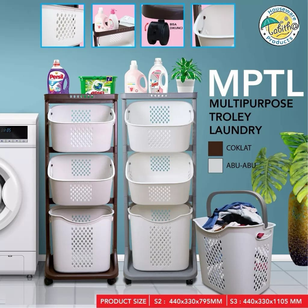 Rak Laundry Keranjang Tabitha 3 Susun - Rak Laundry Keranjang Troli 3 Susun - Rak Keranjang Laundry 
