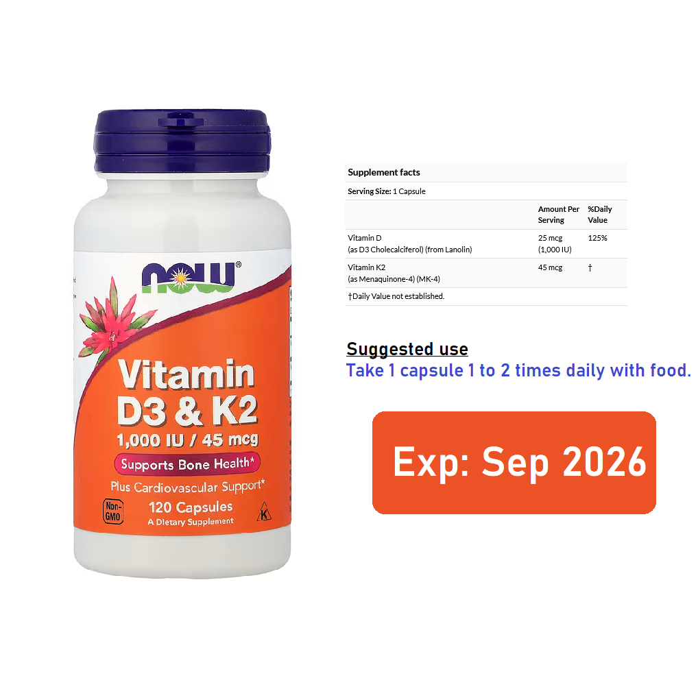NOW Foods, Vitamin D3 & K2, 120 Capsules