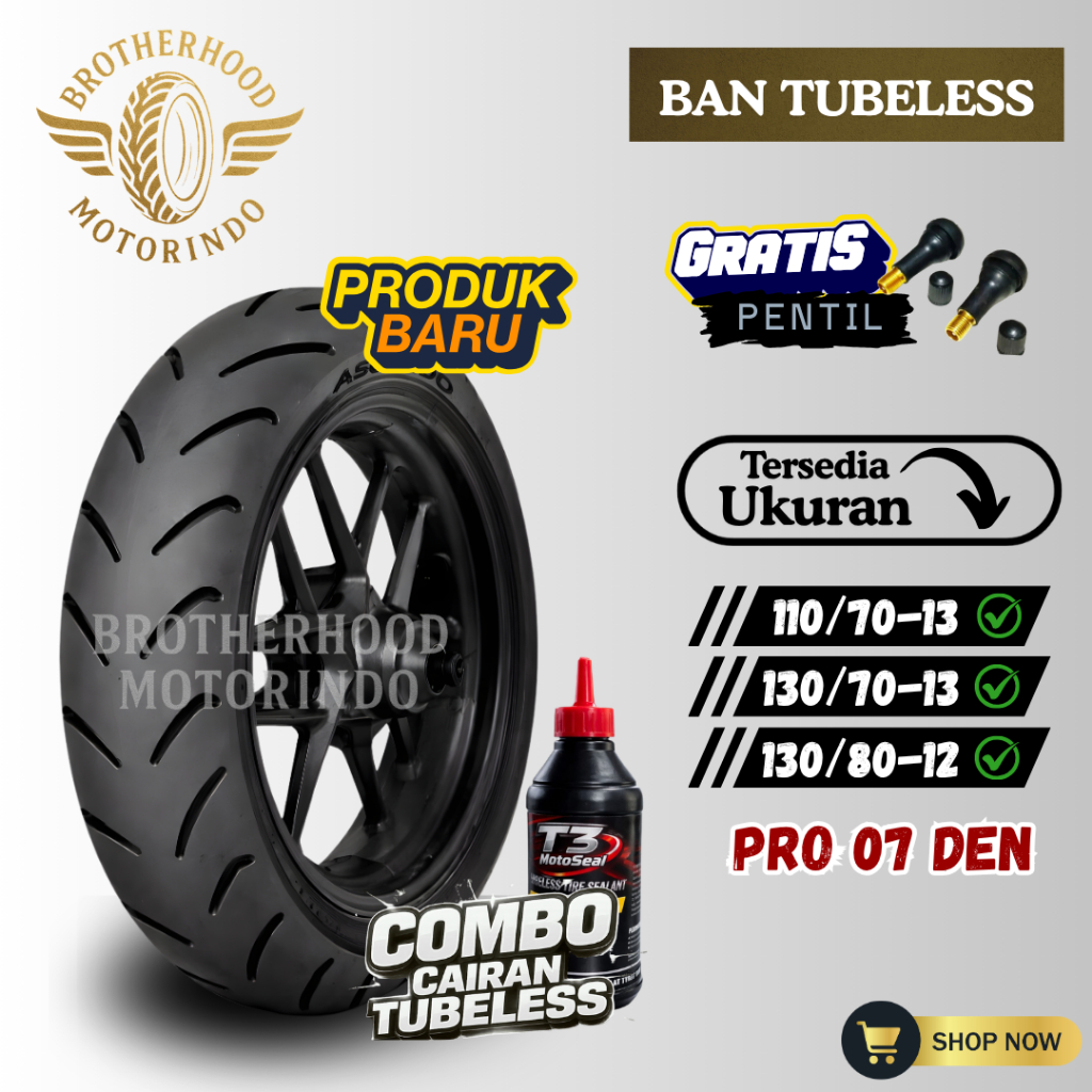 BAN ASCENDO PRO07 DEN RING 13/12 TUBELESS ( 110/70-13 / 130/70-13 / 130/80-12 ) BAN TUBLES RING 12 /