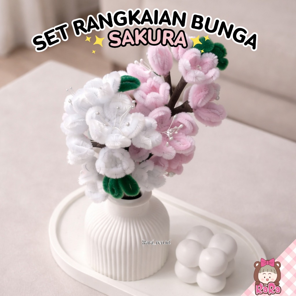 1 SET BUNGA SAKURA KAWAT BULU AESTHETIC TERMASUK VAS + COASTER OVAL CONCREATE HIASAN RUMAH SUDUT RUA