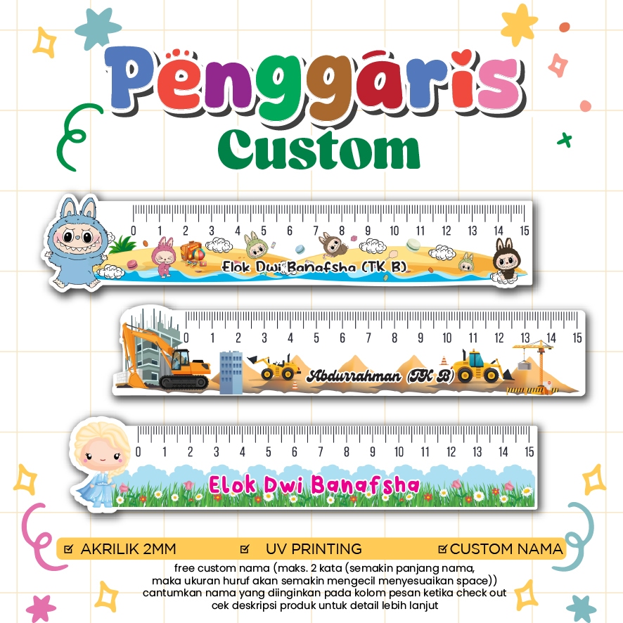 PENGGARIS AKRILIK ANAK BERGAMBAR / PENGGARIS CUSTOM NAMA / SOUVENIR ULTAH ANAK / SOUVENIR CUSTOM ULT