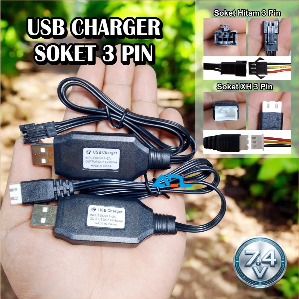 CHARGER BATRE MAINAN ANAK RC  USB Charger 7.4V  USB CHARGER DRONE SOKET HITAM 3 PIN & SOKET XH 3 pin