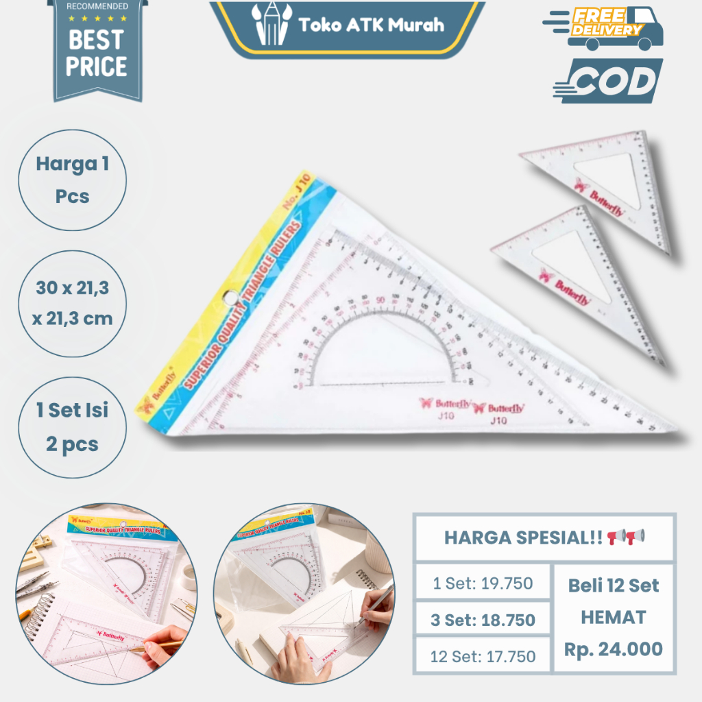 Penggaris Segitiga Set Sepasang Butterfly J10 no.10  - Triangle Ruler Penggaris Gambar Teknik