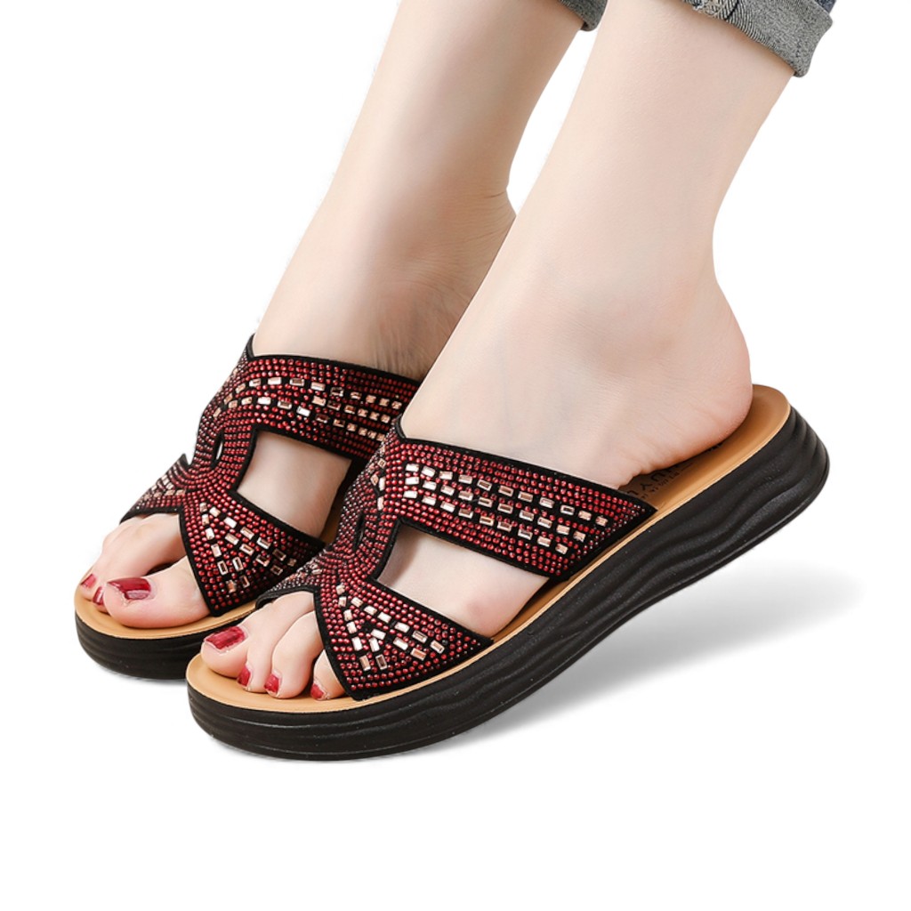 Sandal Pesta Wanita Motif Berlian Fashion - Sendal Flat Teplek Cewek Viral Sandal Wedges Permata