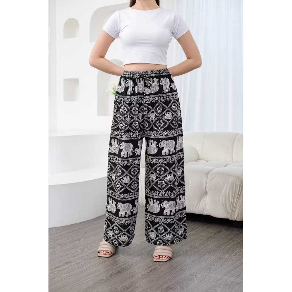 Celana kulot wanita jumbo rayon motif gajah / celana mihu thailand lucu viral / bawahan celana panja