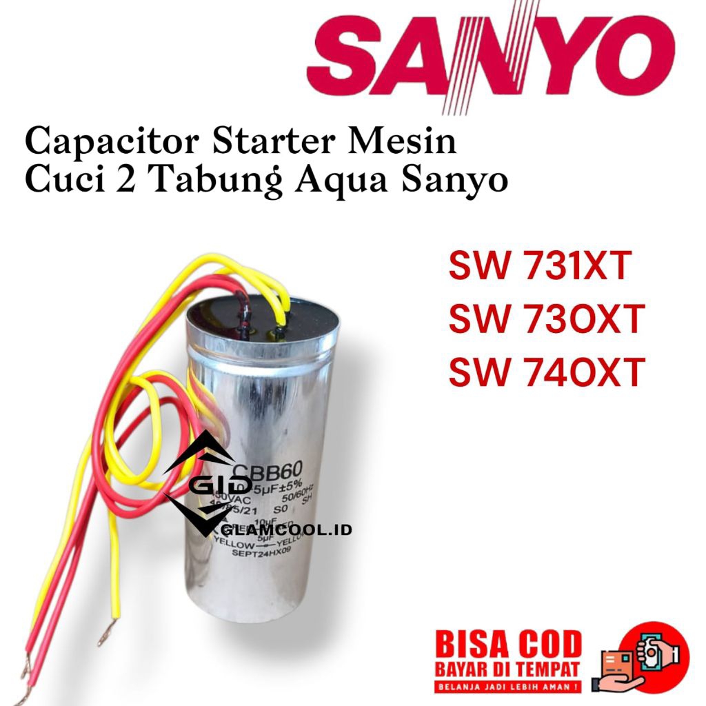 capacitor Sanyo 7kg Sw730xt sw731xt sw740xt Capacitor starter Mesin Cuci sanyo 2 Tabung Al
