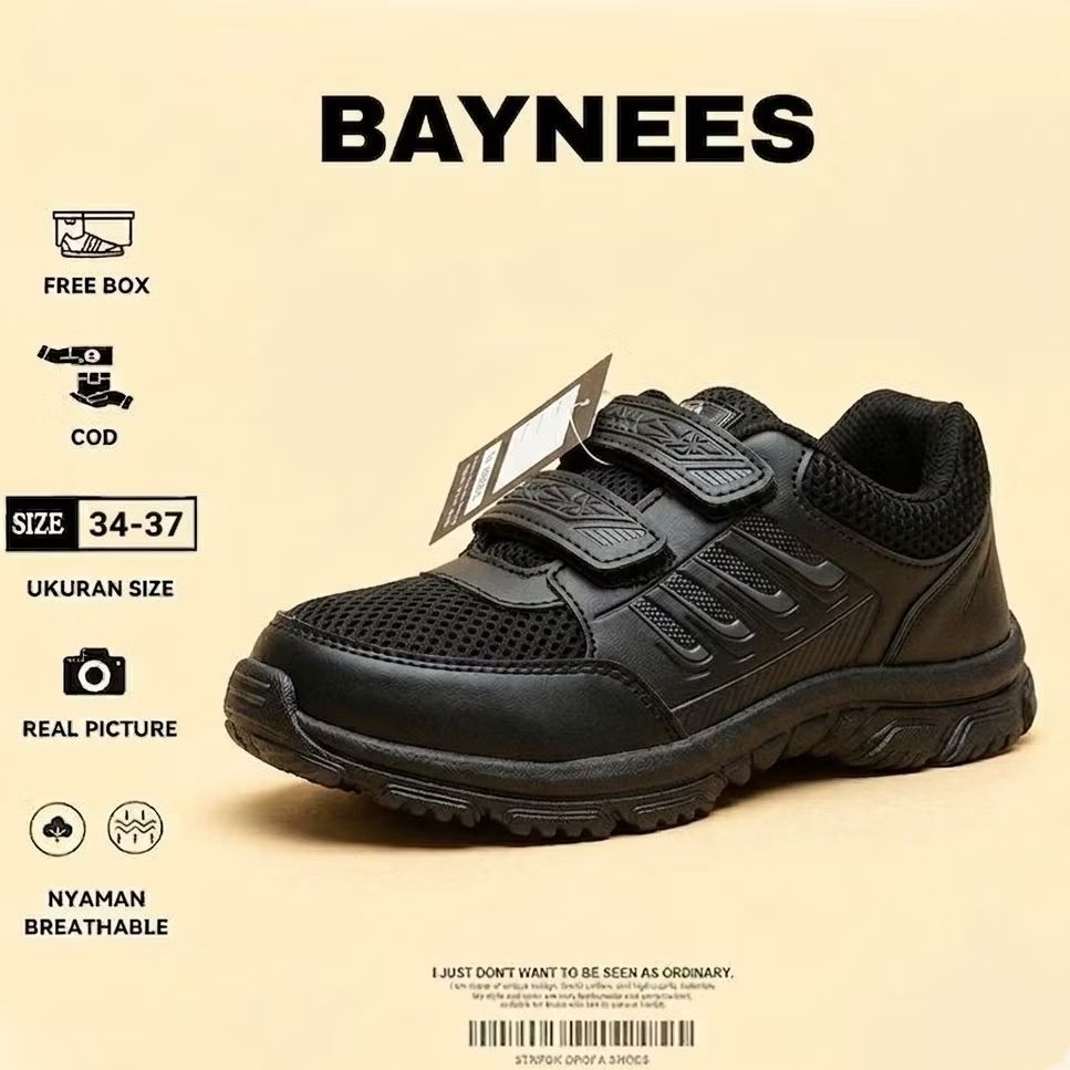 Sepatu Sekolah Anak Hitam Polos Tanpa Tali Velcro / Sepatu Anak Laki Laki & Perempuan