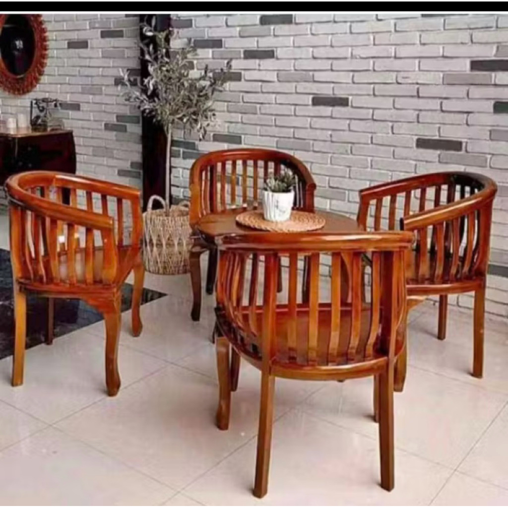 Kursi Teras Jati Minimalis Set Bundar (4 Kursi + Meja Bulat)