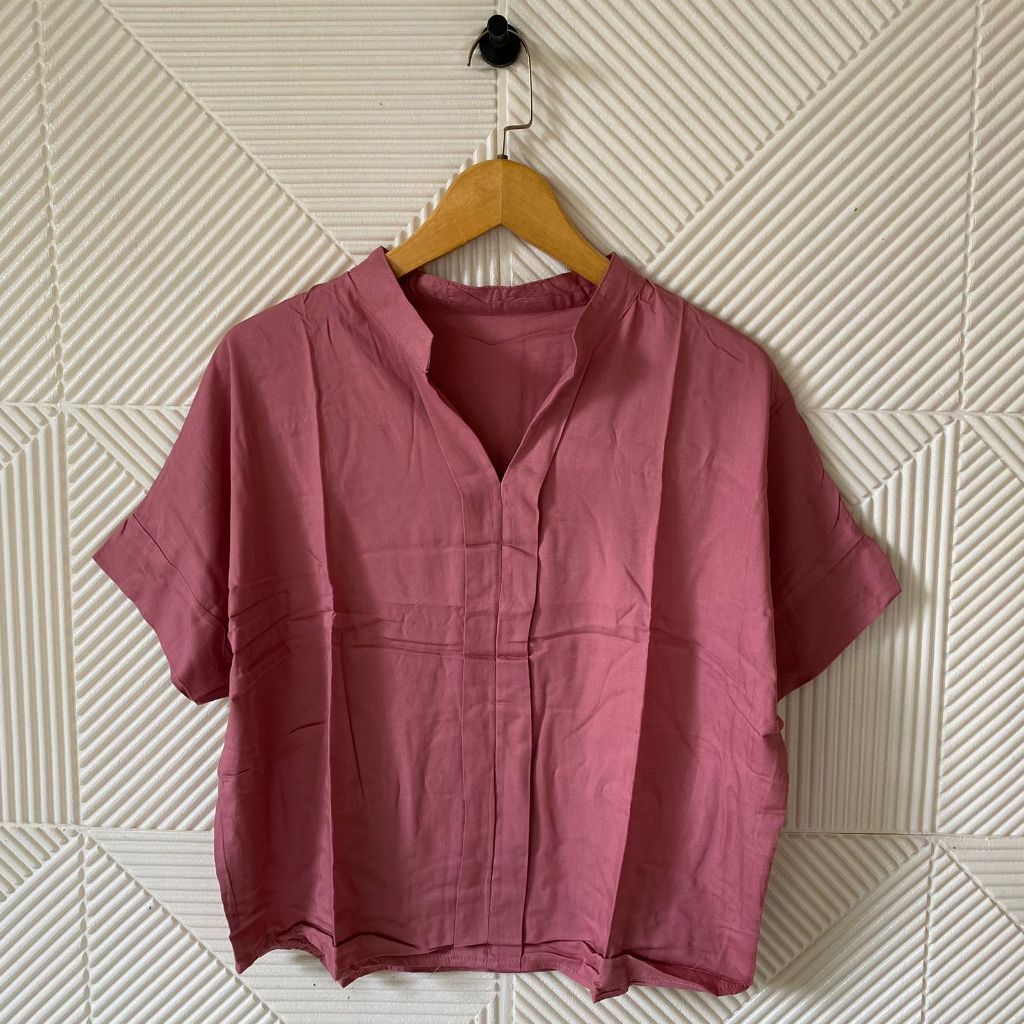 Shabhira - Marsya Shirt Katun Rayon Basic Polos Lengan Pendek / Blouse Wanita Vneck Kerah Shanghai