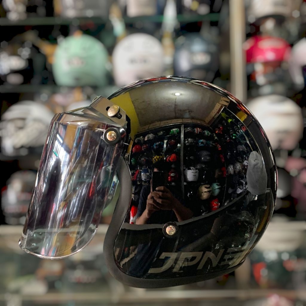 Helm Bogo Jpn Polos Hitam Metalik Original Kaca Datar/Cembung Sni