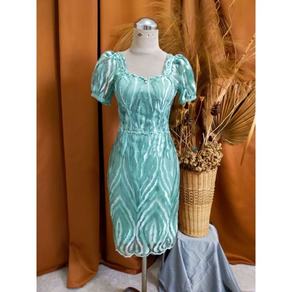 Dress Pesta Wanita Elegan Mint – Brokat Premium Bodyfit Lengan Puff Midi Dress Kondangan