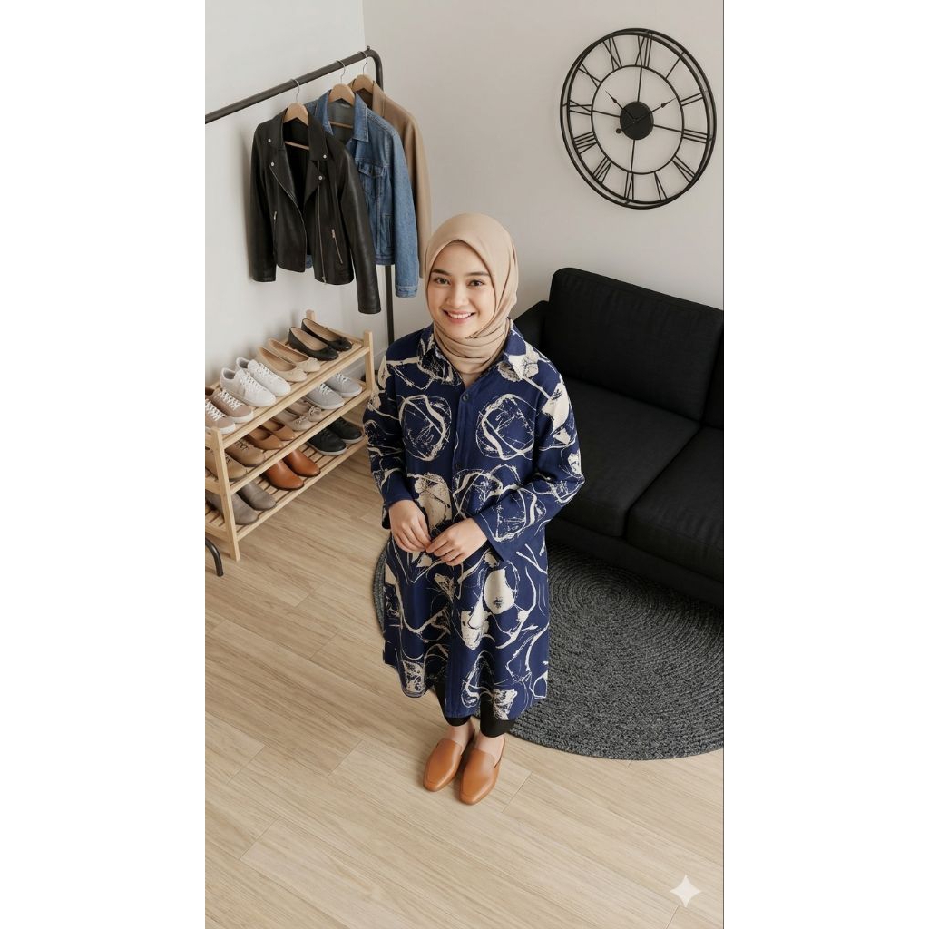 Kemeja Tunik Wanita Motif Abstrak Navy - Atasan Long Shirt Busui Bahan Katun Rayon
