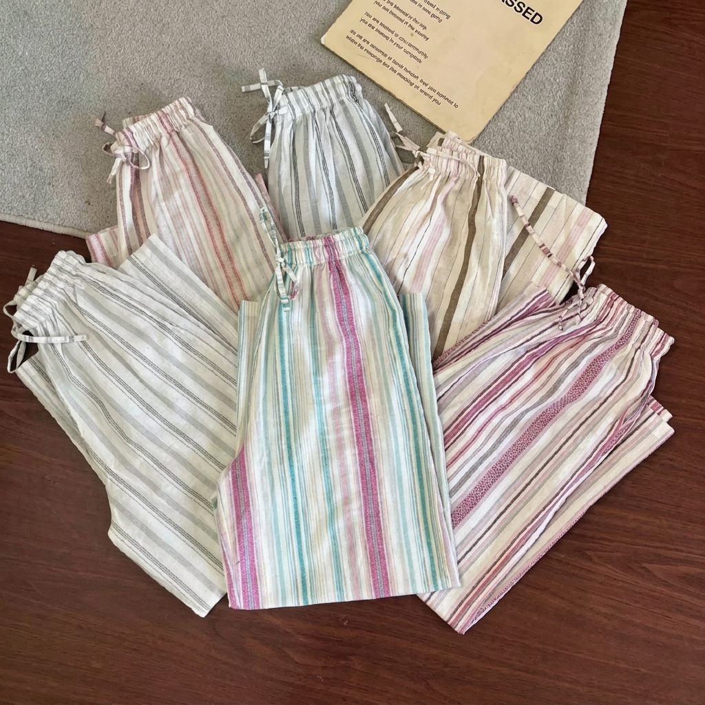 Celana Linen Wanita Strip Pants Everyday Pants Korean Loose Baggy Pants Celana Kulot Pinstripe Basic