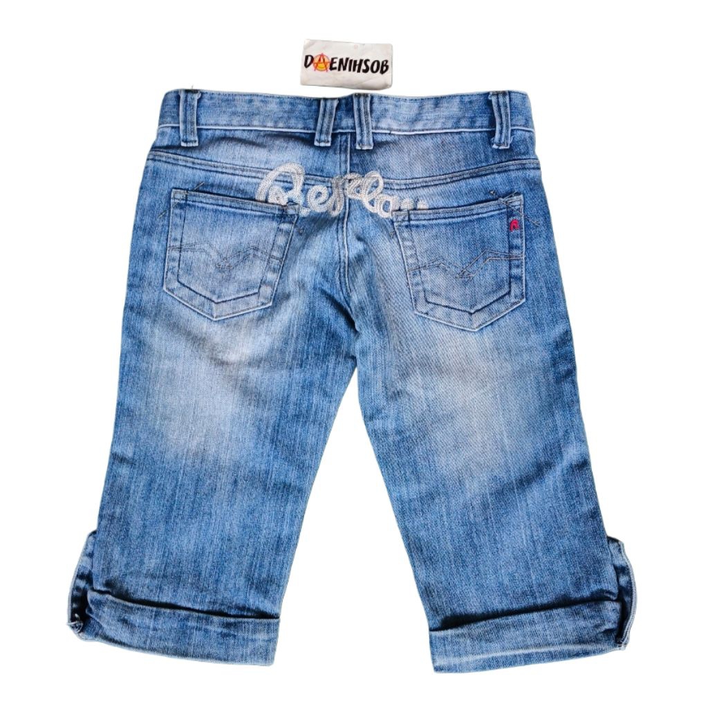 REPLAY Celana pendek bordir tulisan jeans celpen denim backhit y2k skena Streetwear emo goth grunge 