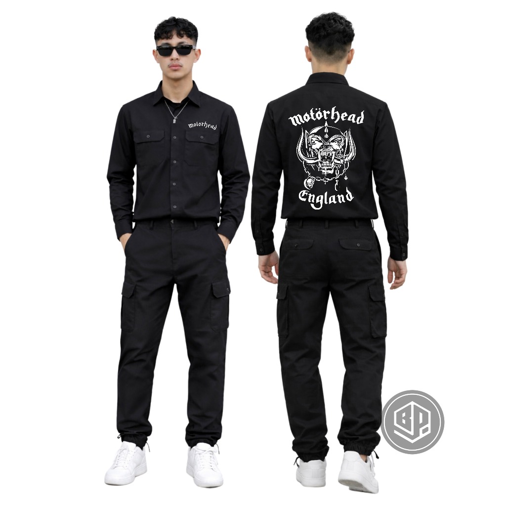 Kemeja Pria Motorhead Hitam Lengan Panjang Kancing Dada Dua Saku Motif Metal Sablon DTF Berkualitas