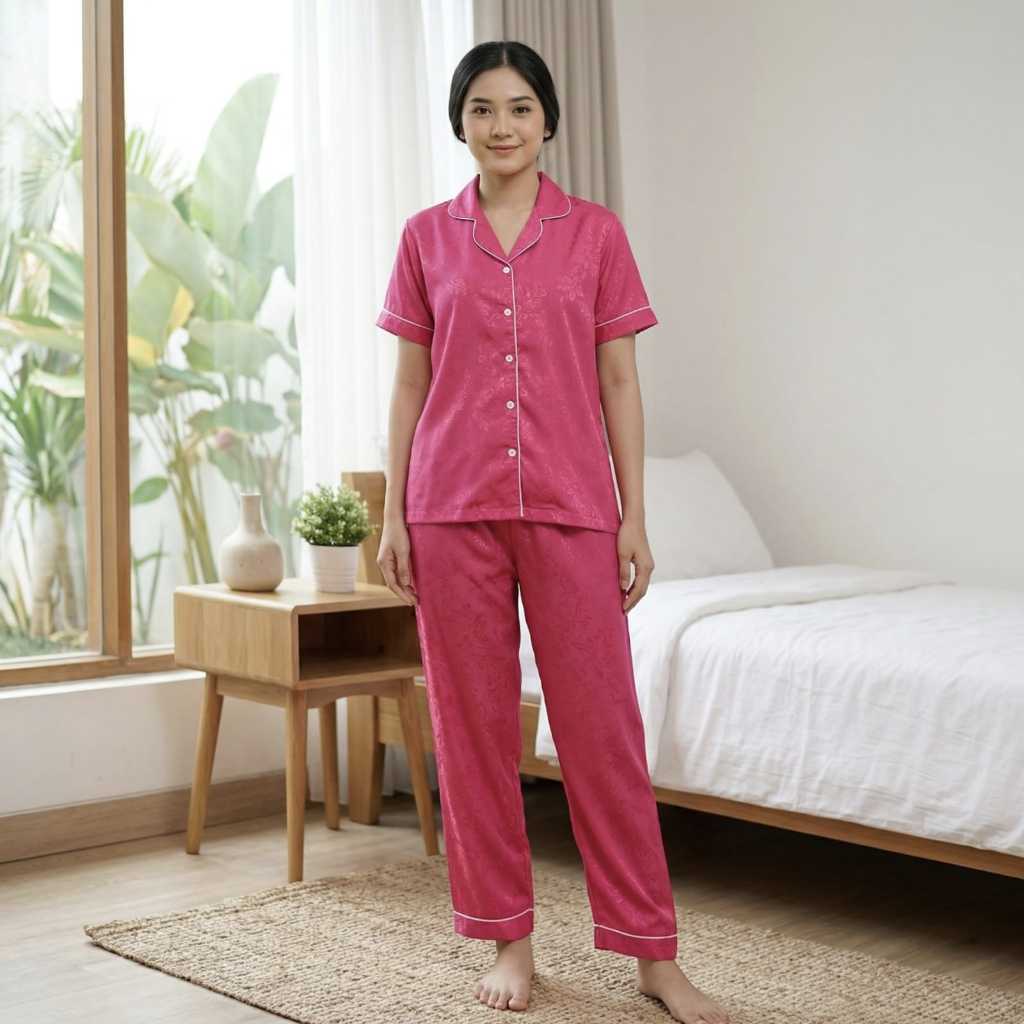 ​[NOCTURNA] Satin Emboss Premium Set - Piyama Baju Tidur Wanita Celana Panjang - Shocking Pink