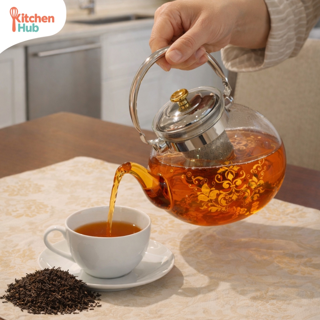 KITCHEN HUB - Glass Pot Teko Teh Kaca 1600ml dengan Saringan Stainless Steel - Glass Tea Pot Mewah M
