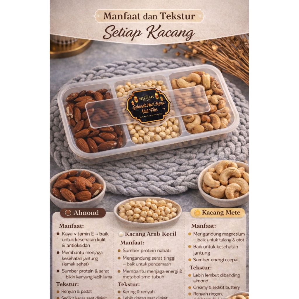 Mix Nuts Premium (Almond, Kacang arab, Mete) | Kacang Sehat Snack Box Eksklusif
