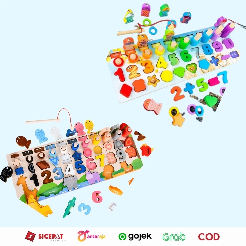 Mainan Huruf Anak / Angka / Ikan / Hewan Puzzle Kayu Susun Angka Dan Blok Pancing Ikan Montessori Ma