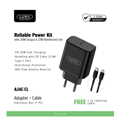 LUNA Charger Set PD 20W Fast Charging Bundling with PD Cable (27W)