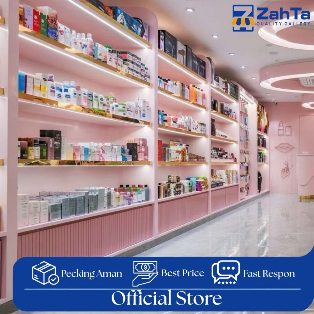 RAK DISPLAY TOKO KOSMETIK FULL LAMPU AKSEN LIST GOLD