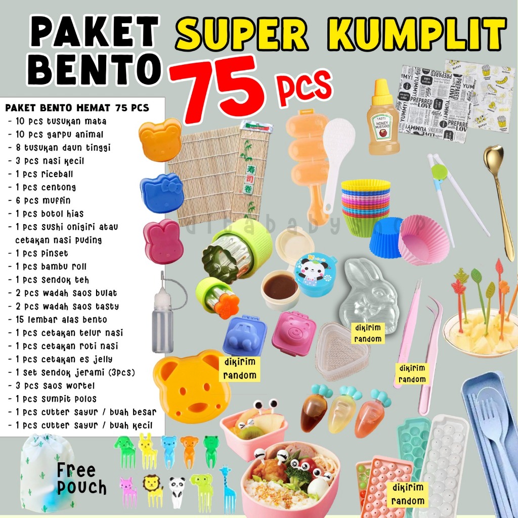 1 paket bento hema lengkap Tusukan Bento Bekal Anak Riceball Botol Saus Kotak Bekal Cetakan Nasi Pud