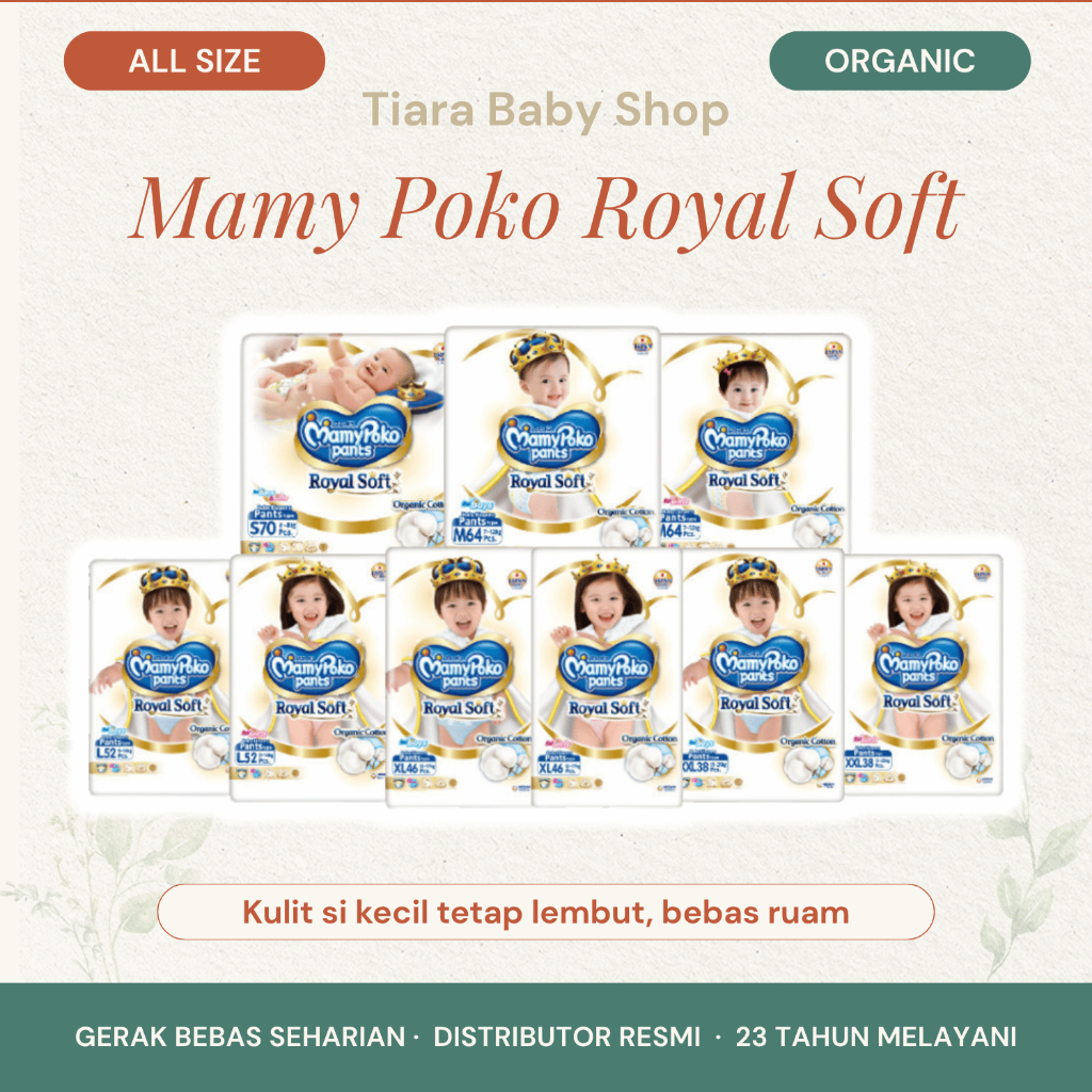 Pampers MamyPoko Royal Soft Organic Cotton - Popok Celana Perekat NB S M L XL XXL Boy Girl