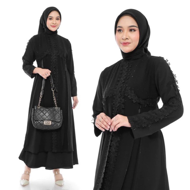 Gamis Abaya Terbaru Salsabila Hitam & Putih Tulang KC 407