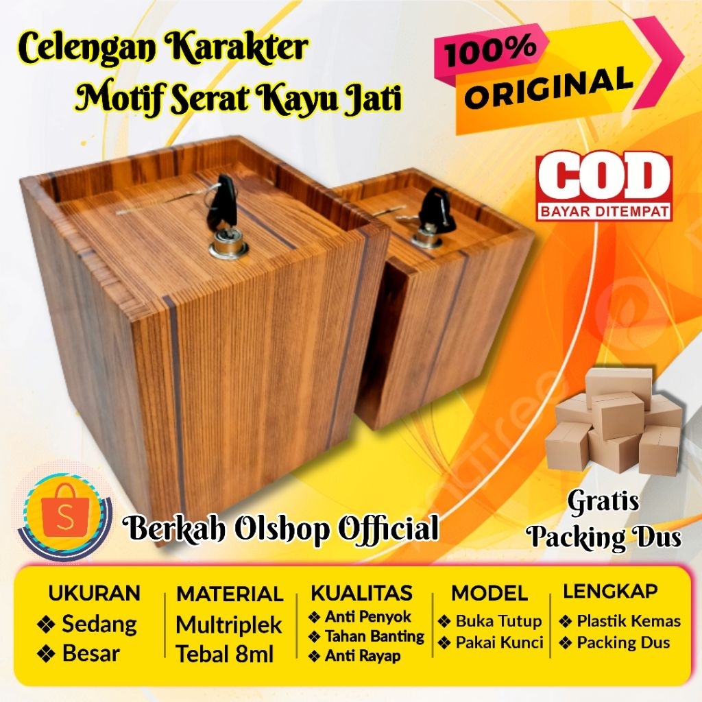 Celengan Karakter Motif Serat Kayu Muda - Celengan Kunci Gembok - Celengan Besar Pakai Kunci