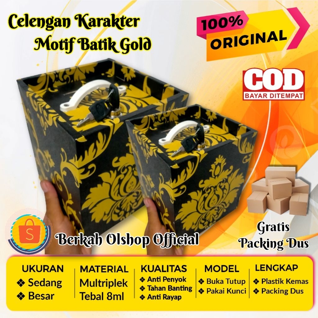 Celengan Karakter Batik Hitam Emas (Besar Pakai Kunci) - Celengan Unik - Celengan Kunci Gembok - Kad