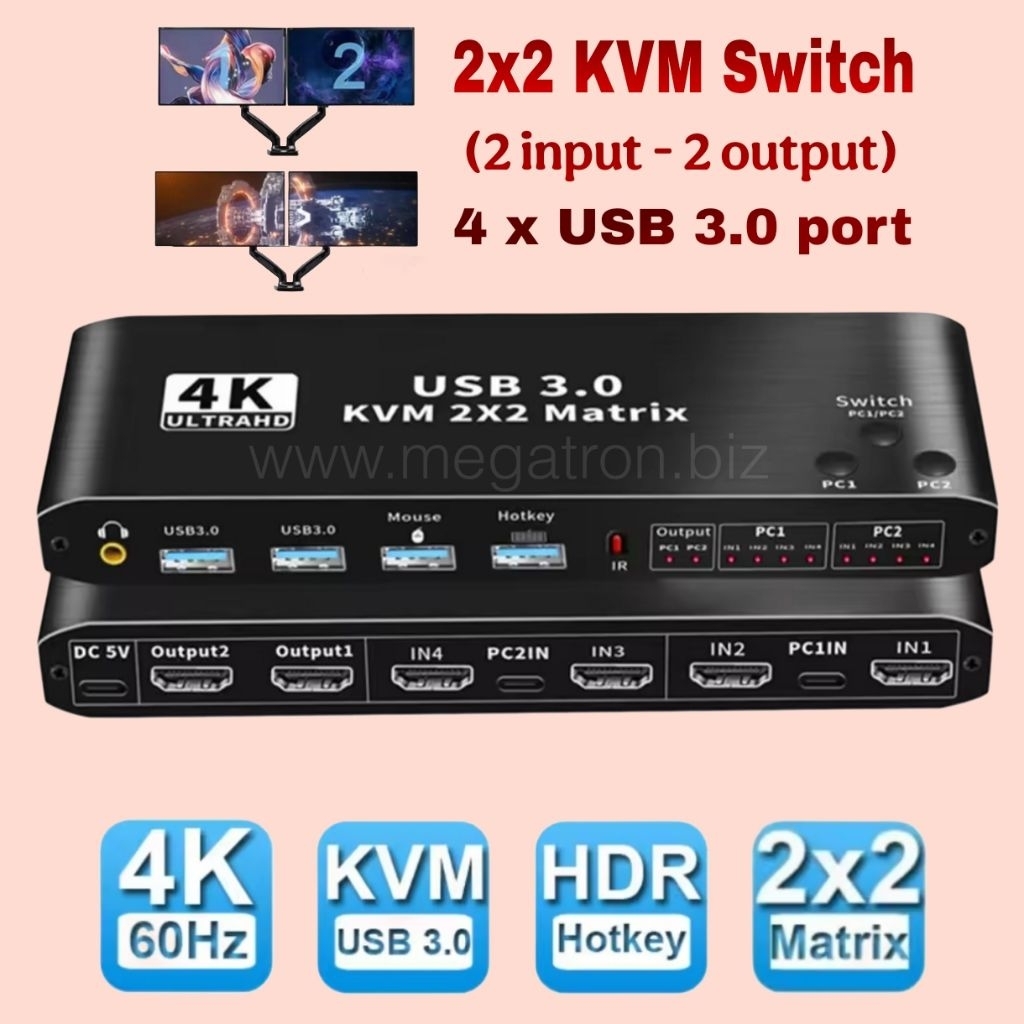 4K HDMI KVM Switcher 2 PC ke 2 Monitor (2x2) - Support Dual Monitor Extended Display (4 x USB 3.0 port)