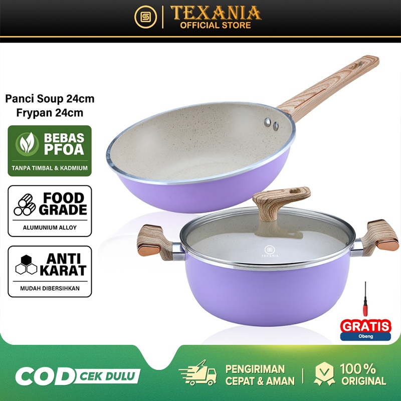 Set Wajan dan Panci Anti Lengket 24cm Warna Ungu Bahan Aluminium Alloy Gagang Motif Kayu