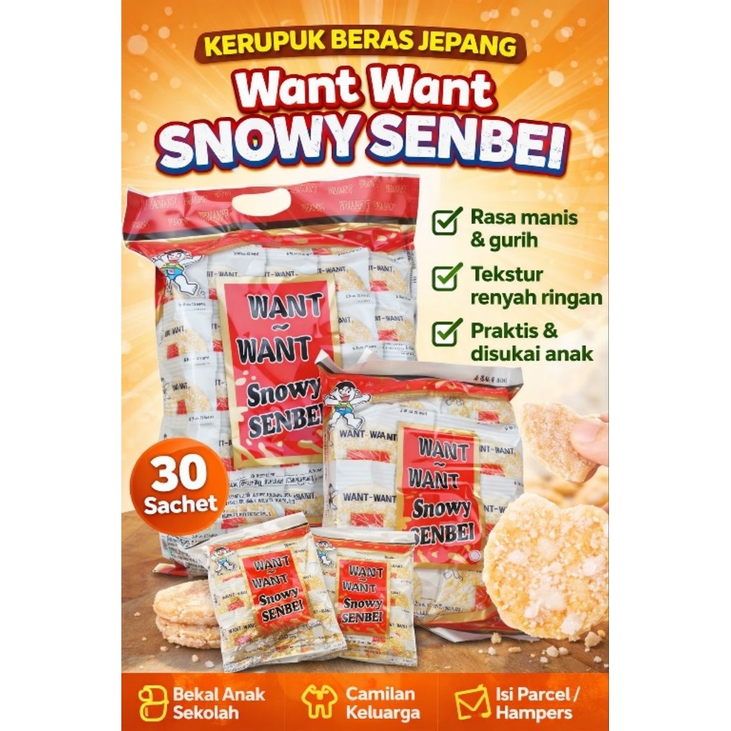 Want Want Snowy Senbei 30pcs | Kerupuk Beras Jepang Renyah Manis Gurih | Snack Kekinian Isi 30 Sache