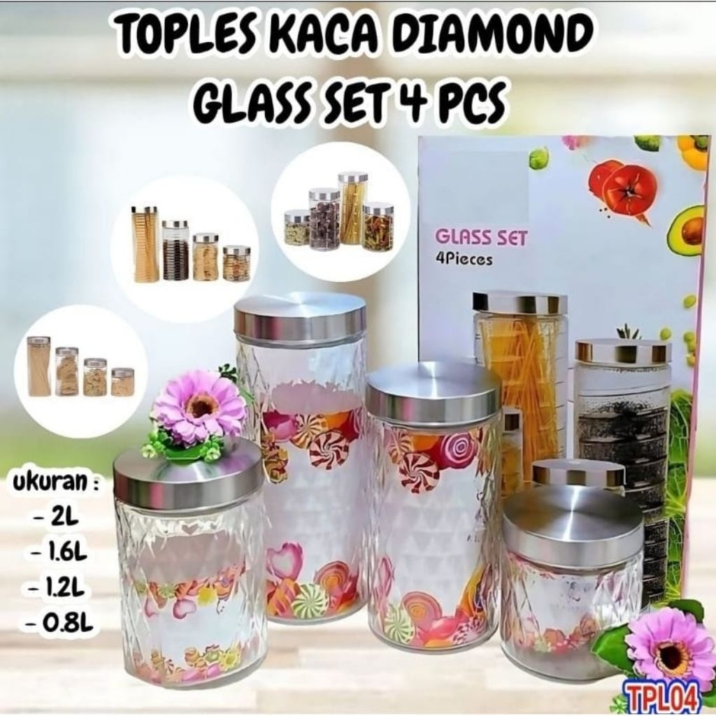 Toples Kaca Diamond Set 4in1 - Toples Kristal Kaca Jumbo 1 Box Isi 4 pcs Toples Lebaran Penyimpanan