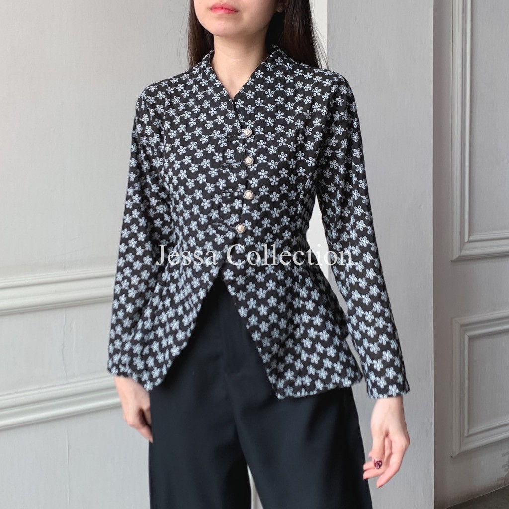 Glinda Peplum Katun Bolong Bordir FG Atasan Wanita Motif Bunga Bunga Blouse Curve Shanghai