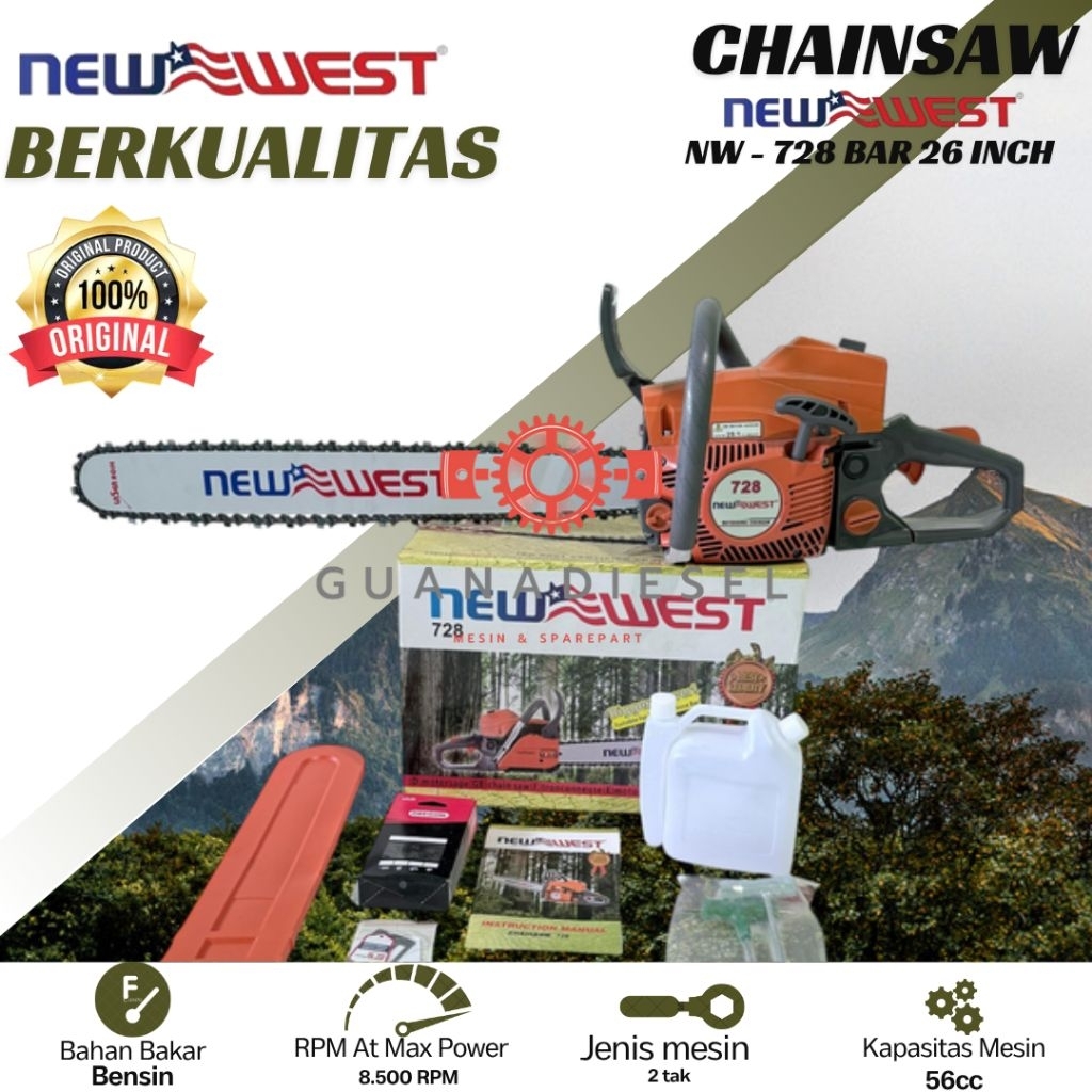 Chainsaw Gergaji Mesin NewWest 728 Bar 26 inch komplit Mesin + Bar + Rantai + ToolKit New West Origi