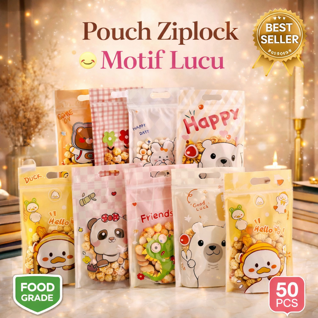 50 pcs Plastik Kemasan Ziplock Motif Kartun Standing Pouch Snack Cookies Food Grade