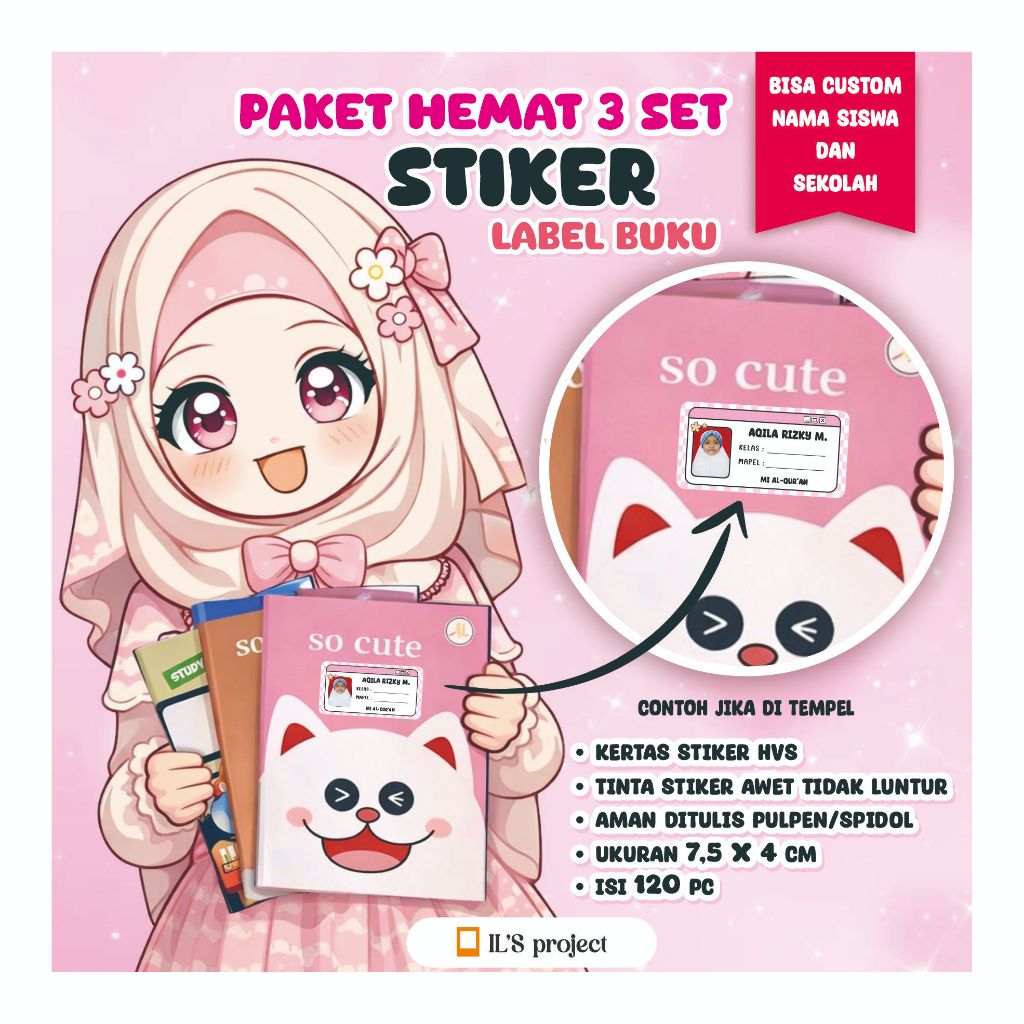 [ PAKET HEMAT ] 3 SET Stiker Label Buku Anak - Nama Custom - Isi 120pc - Aman Ditulis Dengan Pena / 