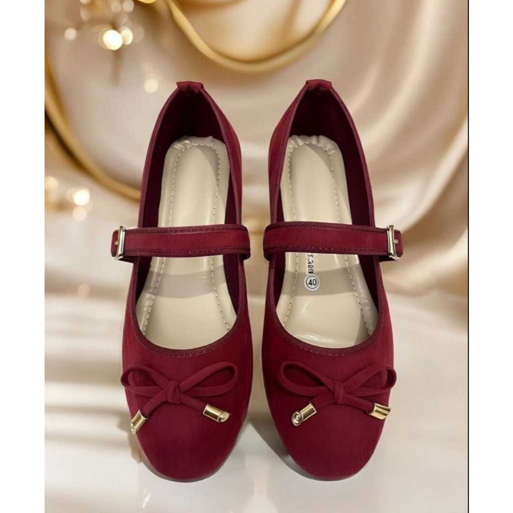 Sepatu Mary Jane Wanita Merah Aesthetic | Flat Shoes Pita Lucu Tali Gesper | Sepatu Casual & Pesta E