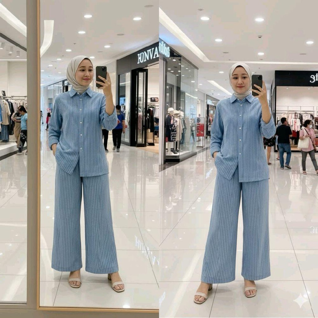 Ready Tunik Stripe One Set | Setelan atasan tunik kasual wanita muslim remaja dewasa motif salur gar