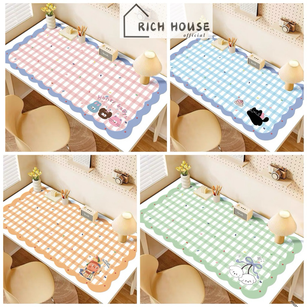 Taplak Meja Anti Slip Tahan Panas Gingham Kotak PVC Alas Meja Kerja Belajar Lucu Estetik Minimalis
