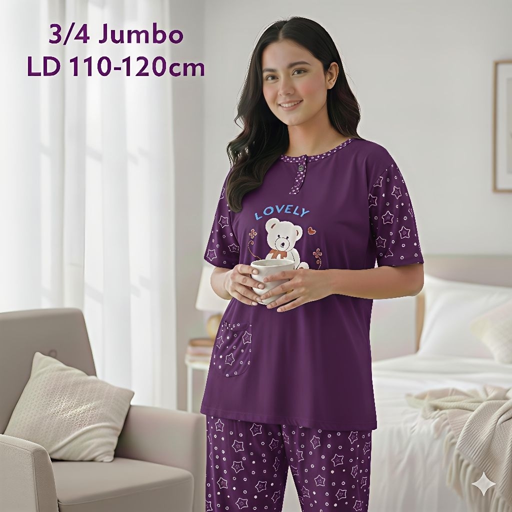 Baju Tidur Jumbo Bebydoll 3/4 Wanita Dewasa Bahan Kaos