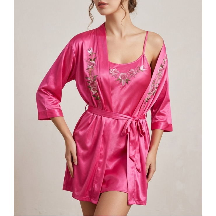 Baju Tidur Kimono Set 2in1 Satin Silk Premium - Lingerie Kimono Dewasa Motif Bordir Bunga - Kimono S