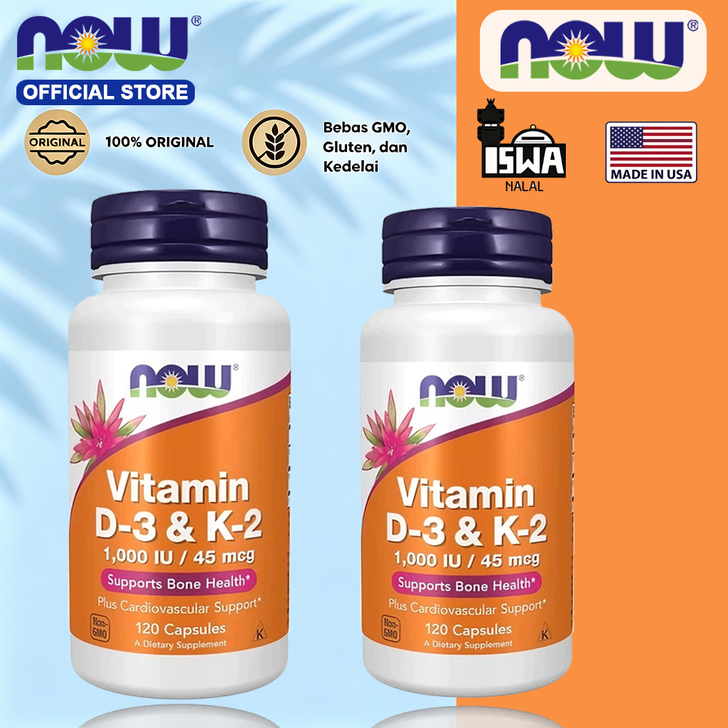 Suplemen Vitamin D3 D-3 K2 K-2 1000 iu 45 mcg Now Foods 120 Kapsul - Tulang Gigi Imun Inflamasi[Baru