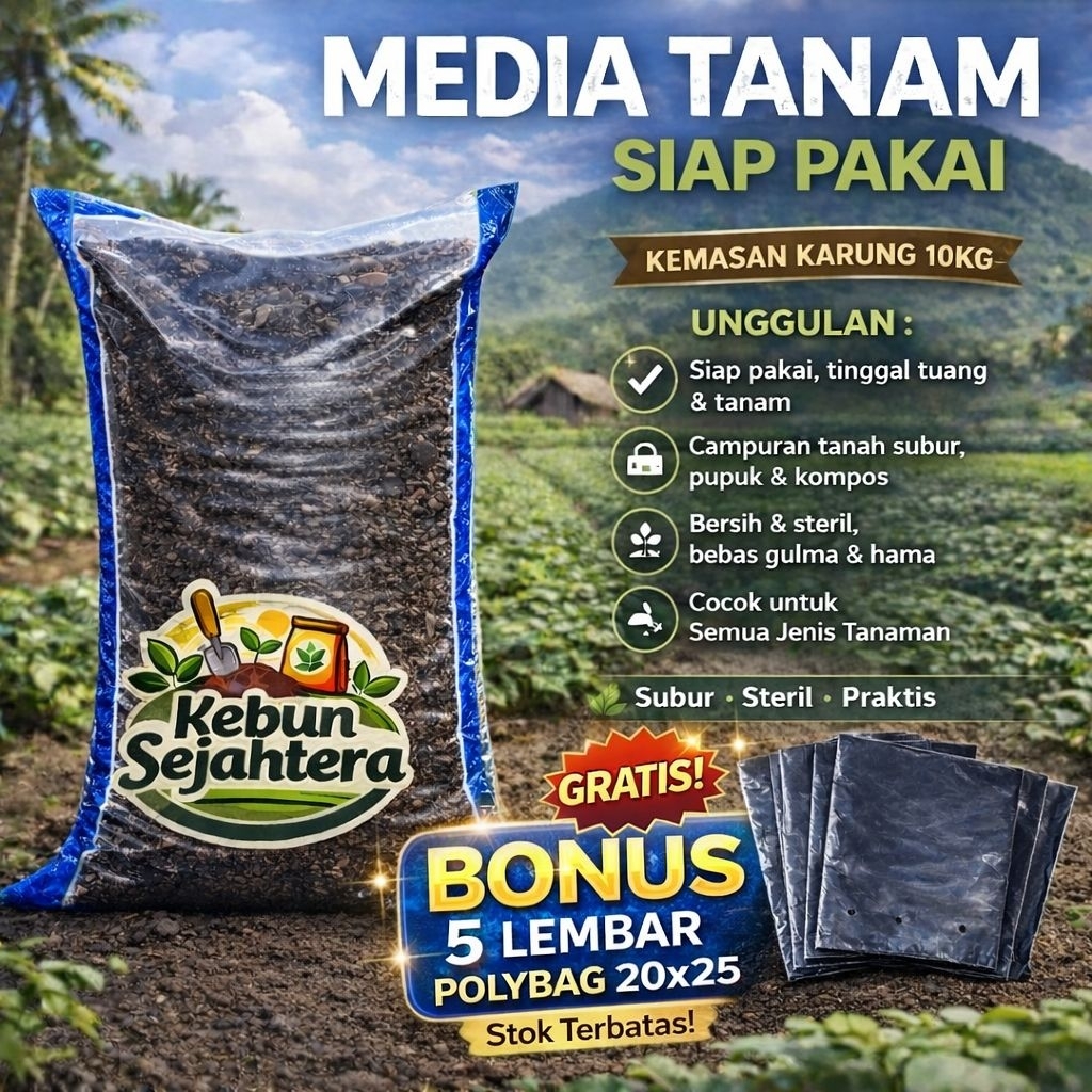 Media Tanam Siap Pakai 10kg Super Subur & Steril BONUS 5 Polybag 20x25 Tanam Langsung