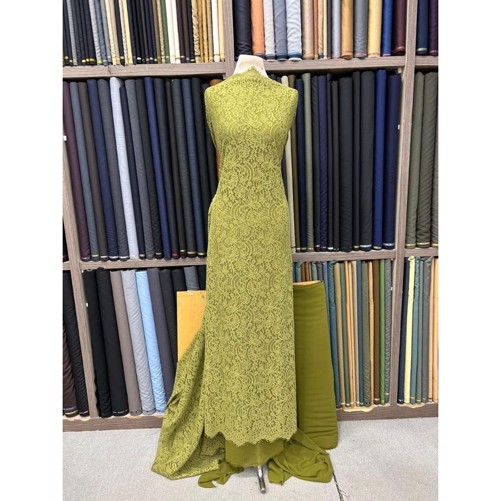 Bakal Kain Bahan Kebaya Brokat Semi Prancis Cotton 3D Panel Warna Hijau Olive