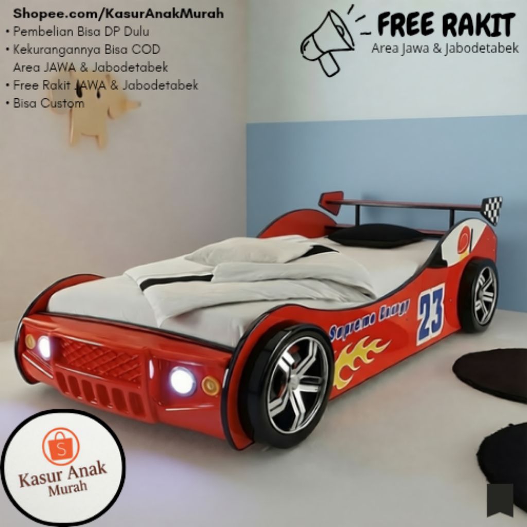 Tempat Tidur No 3 Anak Laki Laki Custom Model Mobil Balap, Ranjang Kayu Anak Minimalis Ukuran 120x20
