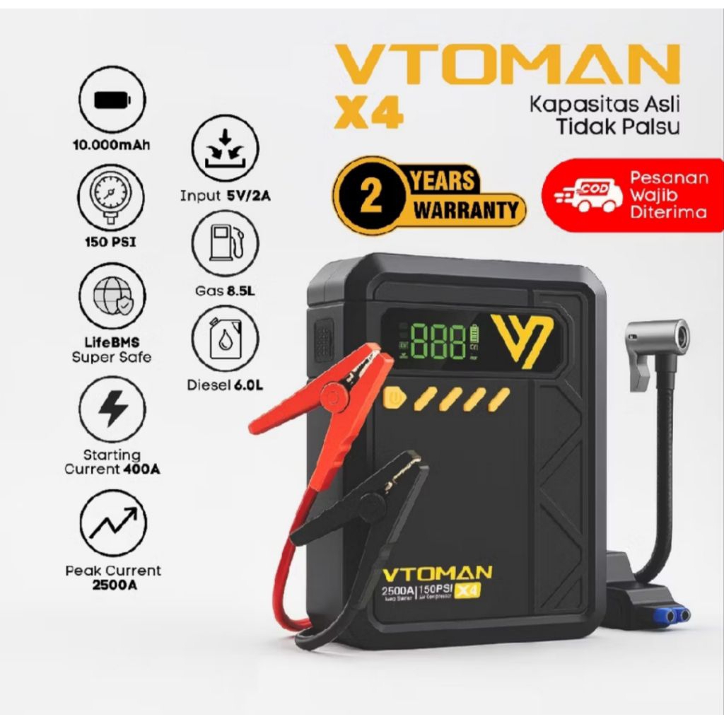 VTOMAN Original X4 Jumper Aki Mobil 10000Mah Pompa Ban Elektrik Portable Car Jump Starter
