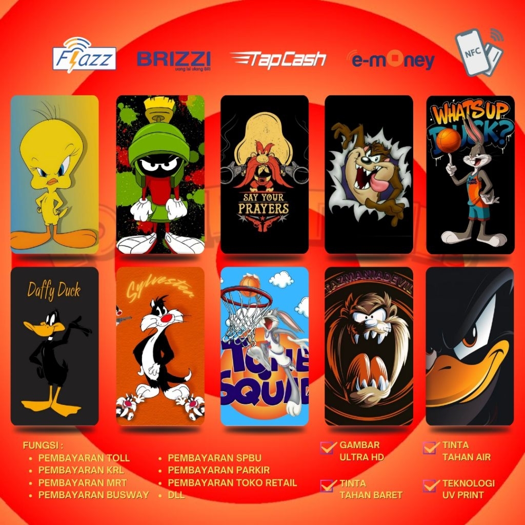 custom Card Etoll Flazz gen 2,emoney,brizzi,tapcash print UV support NFC edisi Looney Tunes